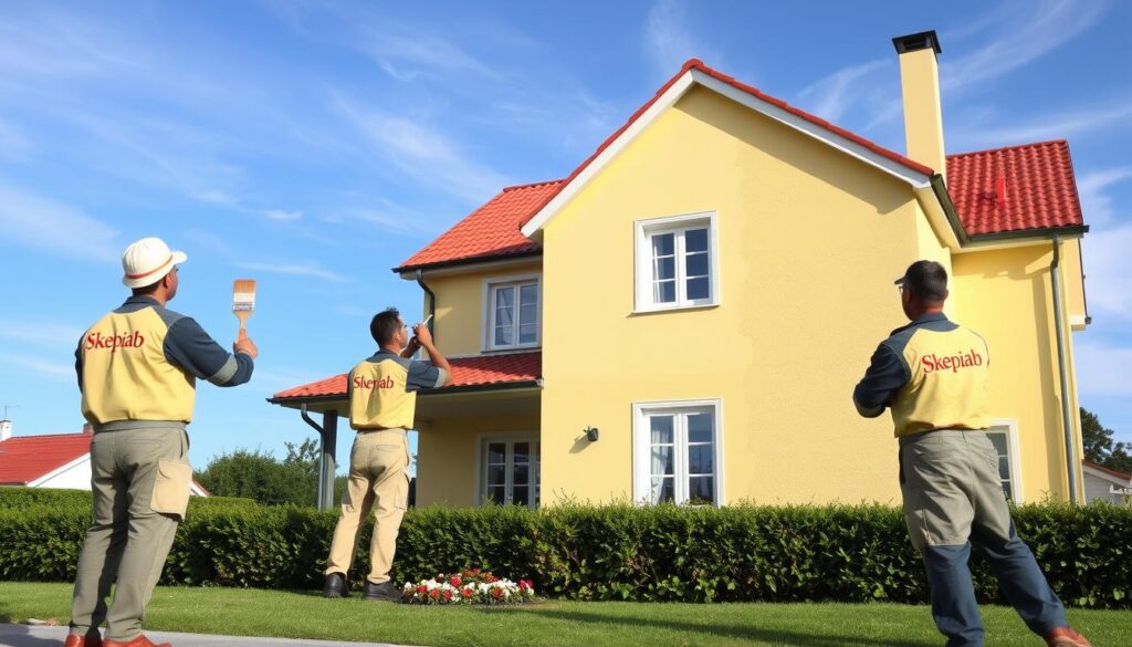 A well-lit, architectural exterior scene showcasing a two-story Swedish-style house with a red tile roof. In the foreground, two professional painters in traditional workwear are carefully applying a fresh coat of pale yellow paint to the façade, their brushstrokes creating a textured, uniform finish. The middle ground features a neatly trimmed hedge and a small flower garden, adding a touch of natural beauty. In the background, a clear blue sky with wispy clouds sets the mood. The scene conveys a sense of care and attention to detail, with the Skepiab logo prominently displayed on the painters' uniforms.