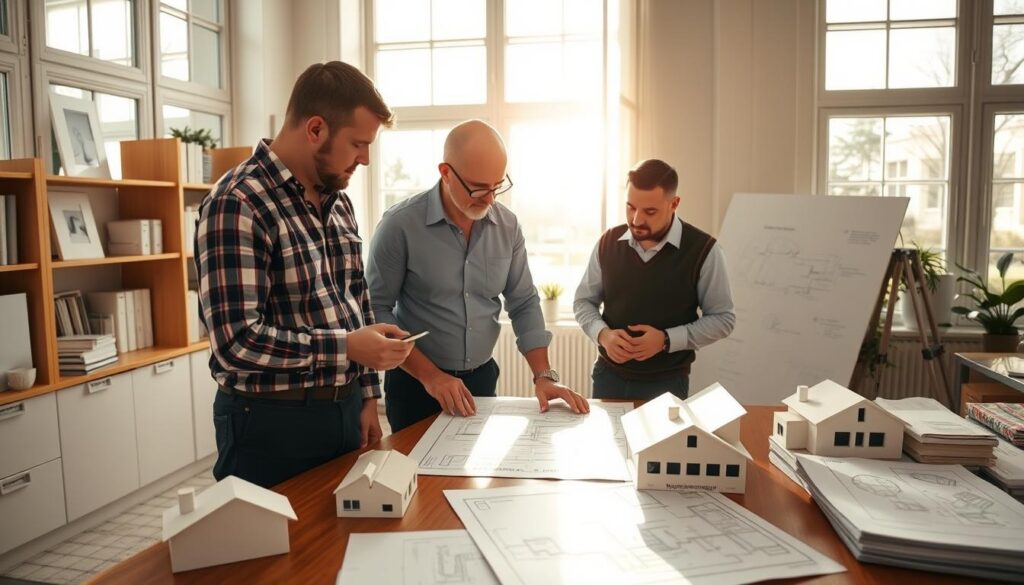 A well-organized office interior with a desk displaying various architectural design documents, including blueprints, scale models, and technical drawings labeled "bygglovshandlingar". The scene is illuminated by natural light streaming through large windows, casting a warm, professional atmosphere. Swedish-looking men, representing professional painters, carefully review the documents, discussing the details of a successful application for a house painting permit. The Skepiab logo is subtly displayed on the desk or one of the documents.