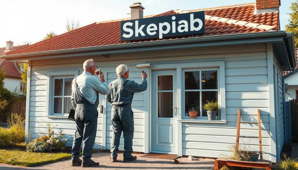 A well-organized storefront of a local Swedish painting company called "Skepiab", with two professional painters in the foreground working diligently on the exterior of a cozy residential home. The painters, middle-aged Swedish men, are dressed in work overalls and using high-quality brushes and rollers to meticulously apply a fresh coat of pale blue paint. The mid-morning sunlight casts a warm, natural glow across the scene, creating subtle shadows and highlights that accentuate the textures of the building. In the background, a picturesque Scandinavian neighborhood with traditional red-roofed houses and lush greenery sets the idyllic, community-focused atmosphere.